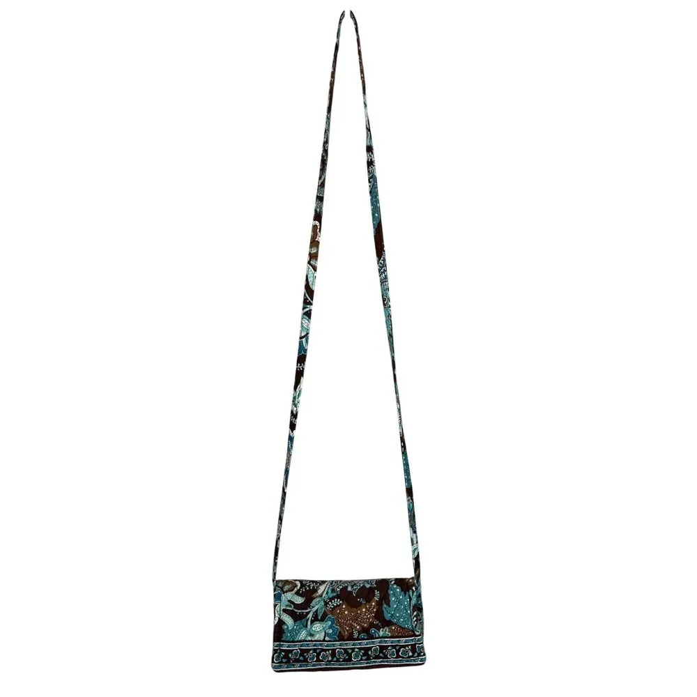 Vera Bradley Java Brown Blue Retired TriFold Wallet Crossbody Wristlet Purse